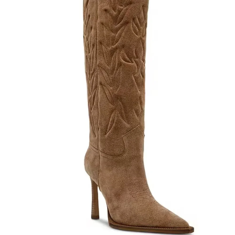 Steve Madden Tan Suede Western Knee-High Stiletto Boots - Picture 6 of 7